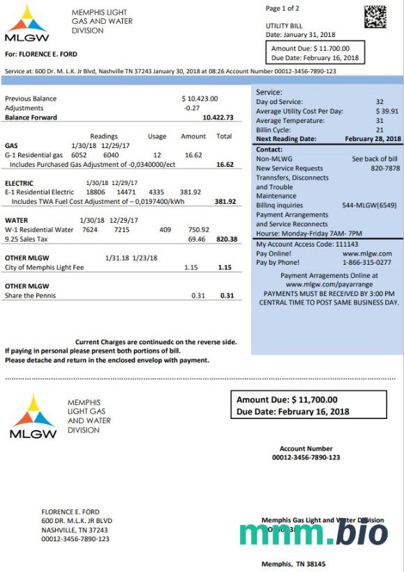 Szablon rachunku za media w USA Tennessee MLGW w formacie Word i PDF